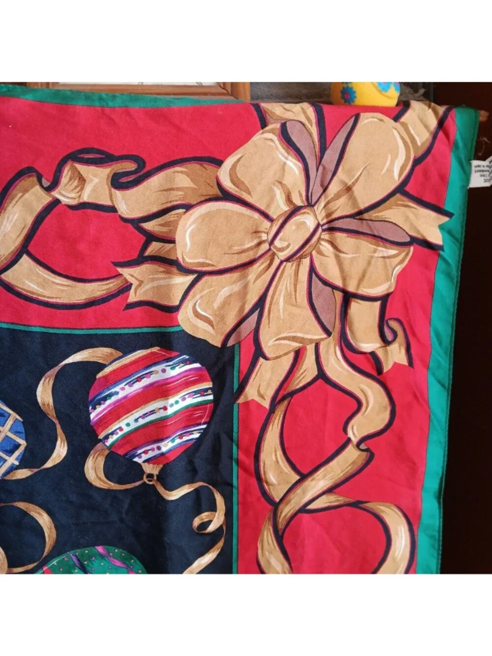 Vintage Talbots Christmas Silk Scarf Ornaments & Gold Ribbon Design Made Japan